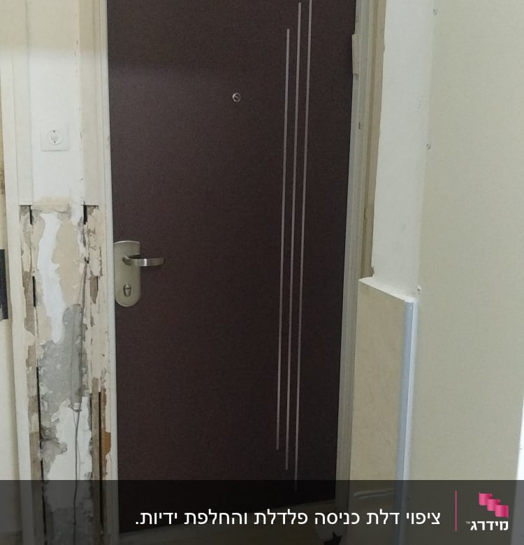 דלת חומה עם ידית כסופה ופסים לבנים